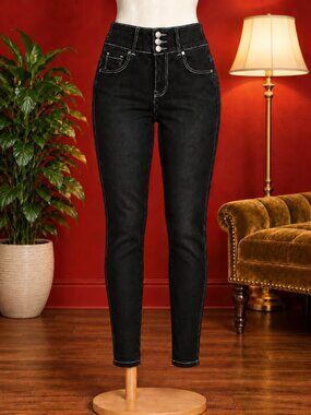 Black High Rise 3 Button Waist Skinny Jeans Size Med NWOT